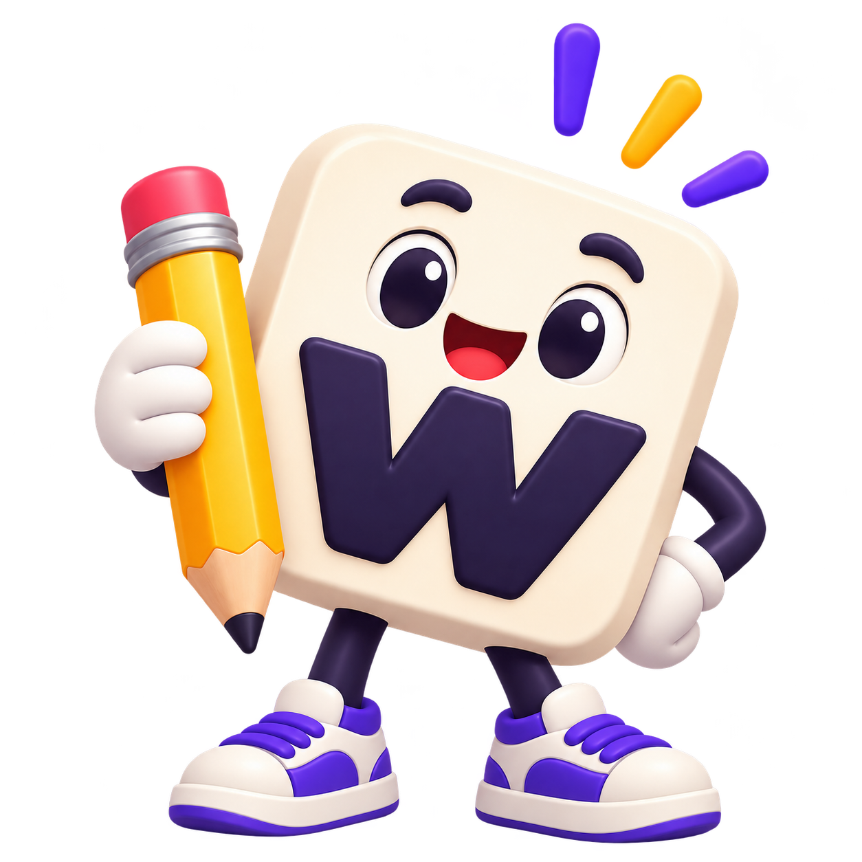 Wordgami mascot, a cheerful W tile with a pencil